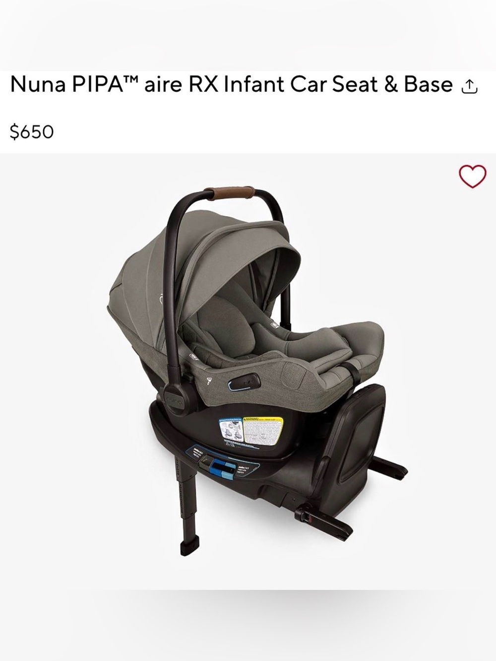 PIPA aire RX Pottery barn Infant Car Seat with Base - Dark Gray Shell Like New